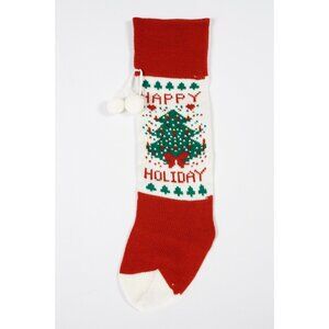 17" Christmas Tree Knit Stocking "Happy Holiday" Pom Poms  Vintage